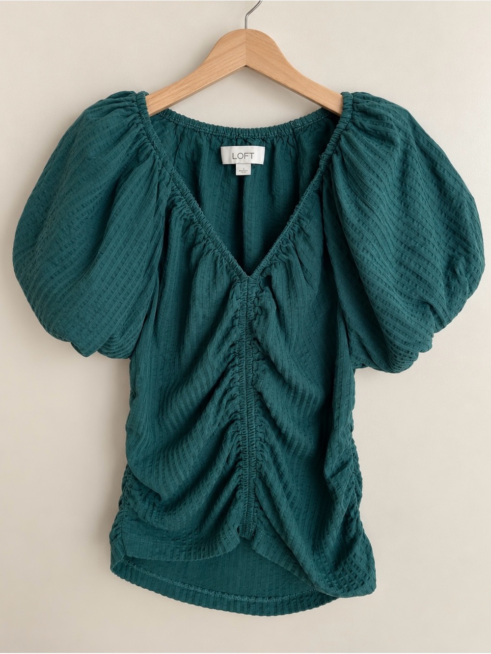 LOFT Teal Gathered V-Neck Puff-Sleeve Blouse